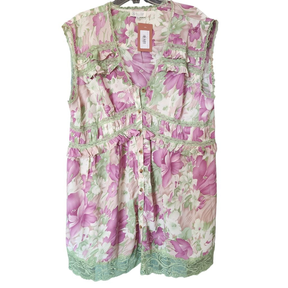 Women's Ari + Ava Floral Blouse, 3X Purple Green. New.with Tags.